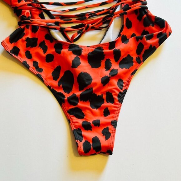 Leopard Print Plunging V-Neck Lace Up Swimsuit Small Red Orange Animal High Cut - Picture 10 of 14